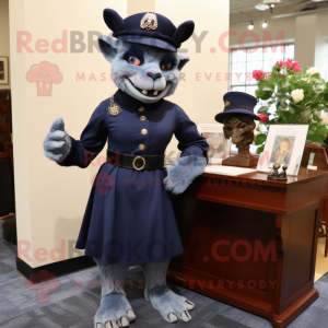 Navy Gargoyle mascot costume character dressed with a Pencil Skirt and Hats