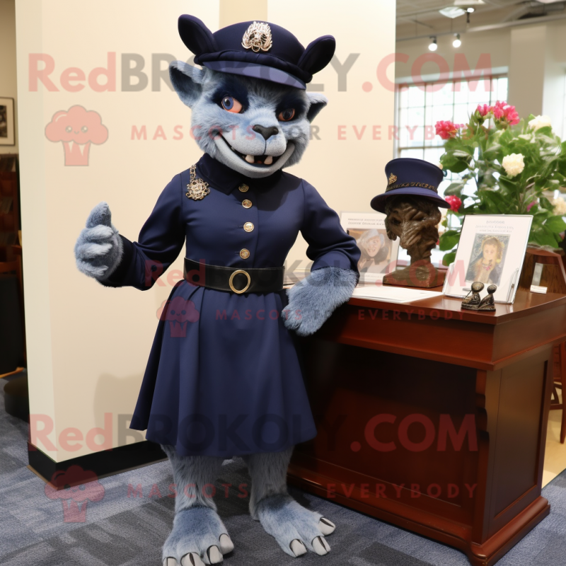 Navy Gargoyle mascot costume character dressed with a Pencil Skirt and Hats