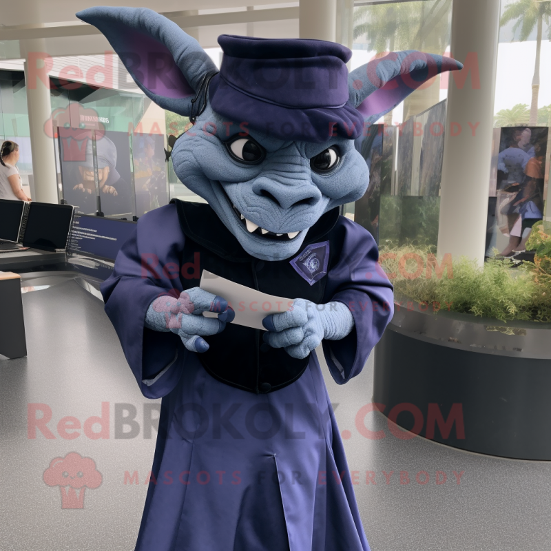 Navy Gargoyle mascot costume character dressed with a Pencil Skirt and Hats Navy Gargoyle mascot costume character dressed with a Pencil Skirt and Hats