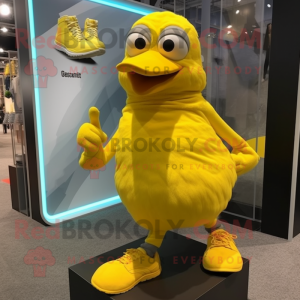 Yellow Pigeon mascot costume character dressed with a Tank Top and Shoe laces