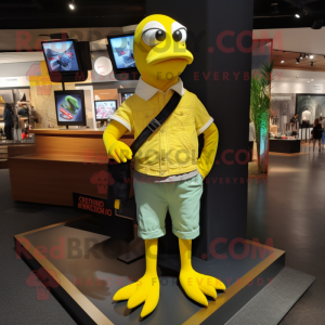 Yellow Pigeon mascot costume character dressed with a Tank Top and Shoe laces