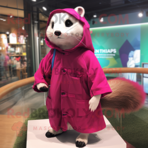 Magenta Ferret mascot costume character dressed with a Raincoat and Shawl pins