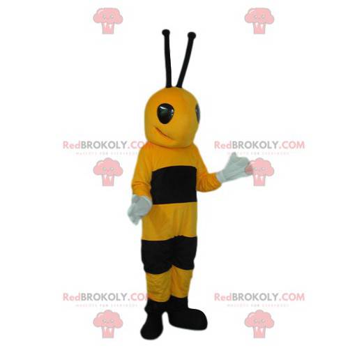 Mascota abeja negra y amarilla muy feliz - Redbrokoly.com