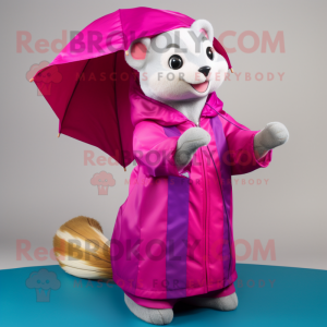 Magenta Ferret mascot costume character dressed with a Raincoat and Shawl pins