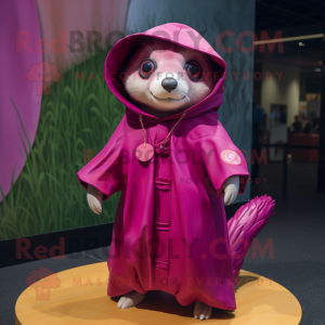 Magenta Ferret mascot costume character dressed with a Raincoat and Shawl pins