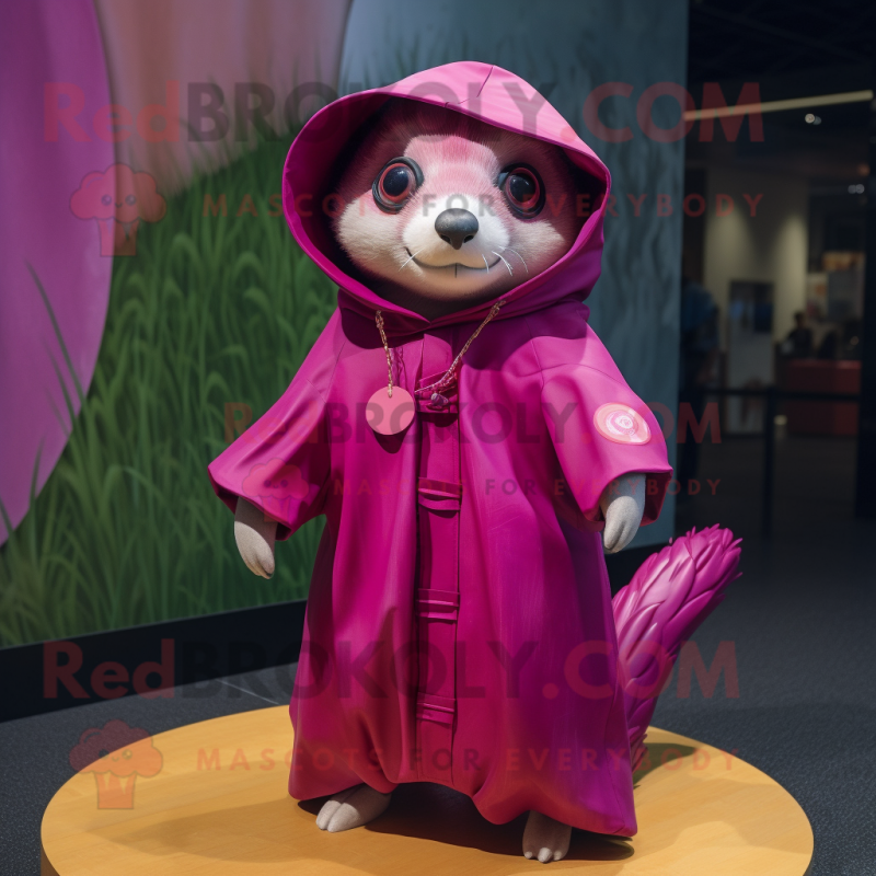 Magenta Ferret mascot costume character dressed with a Raincoat and Shawl pins Magenta Ferret mascot costume character dressed with a Raincoat and Shawl pins
