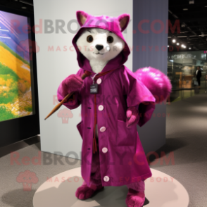 Magenta Ferret mascot costume character dressed with a Raincoat and Shawl pins