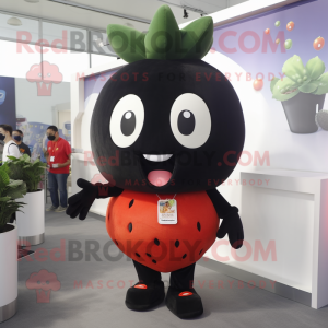 Black Strawberry mascot costume character dressed with a Tank Top and Tie pins
