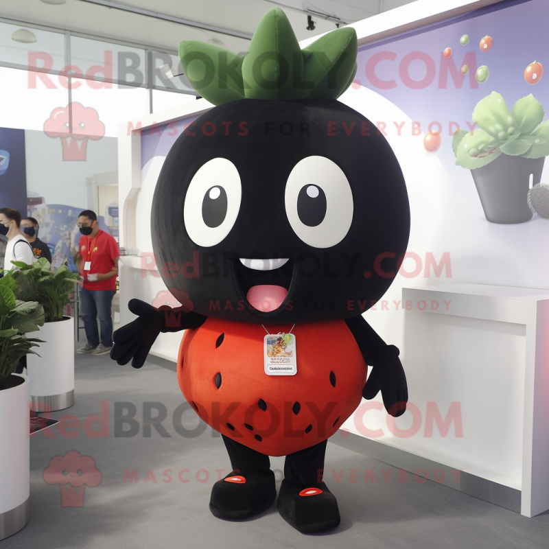 Black Strawberry mascot costume character dressed with a Tank Top and Tie pins Black Strawberry mascot costume character dressed with a Tank Top and Tie pins