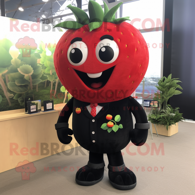 Black Strawberry mascot costume character dressed with a Tank Top and Tie pins Black Strawberry mascot costume character dressed with a Tank Top and Tie pins
