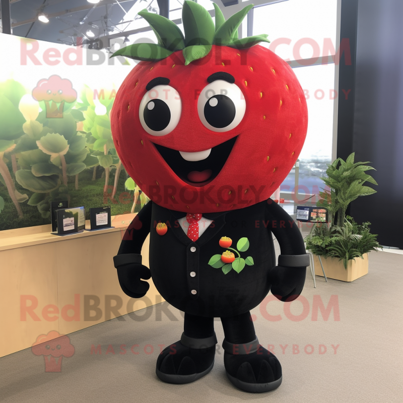 Black Strawberry mascot costume character dressed with a Tank Top and Tie pins