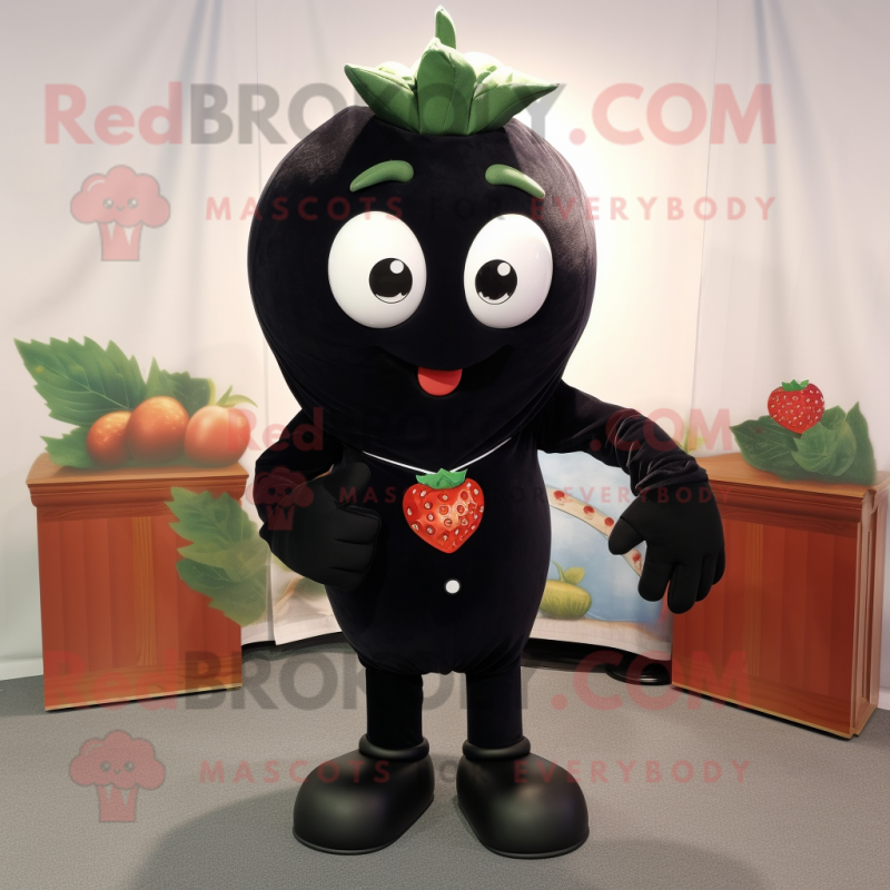 Black Strawberry mascot costume character dressed with a Tank Top and Tie pins Black Strawberry mascot costume character dressed with a Tank Top and Tie pins