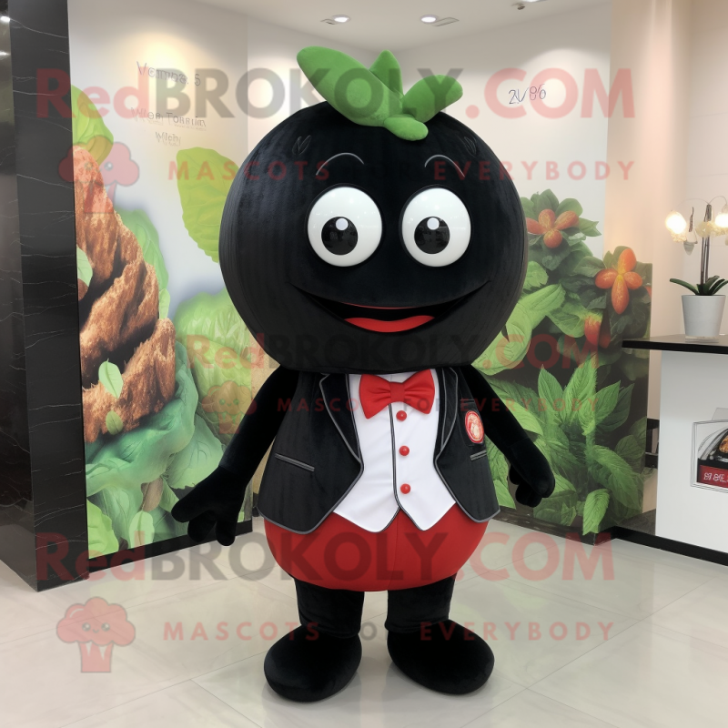 Black Strawberry mascot costume character dressed with a Tank Top and Tie pins Black Strawberry mascot costume character dressed with a Tank Top and Tie pins