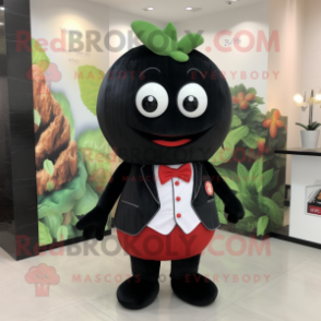 Black Strawberry mascot costume character dressed with a Tank Top and Tie pins