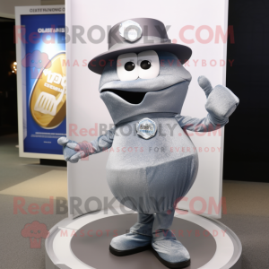Gray Engagement Ring mascot costume character dressed with a Graphic Tee and Hat pins