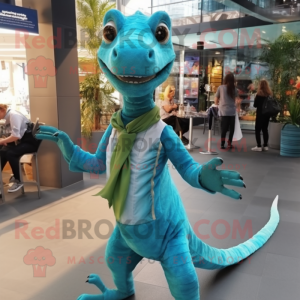 Turquoise Coelophysis mascot costume character dressed with a Blouse and Wraps
