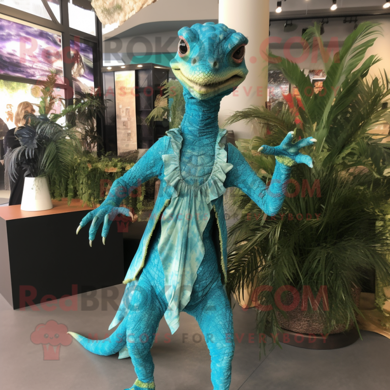 Turquoise Coelophysis mascot costume character dressed with a Blouse and Wraps Turquoise Coelophysis mascot costume character dressed with a Blouse and Wraps