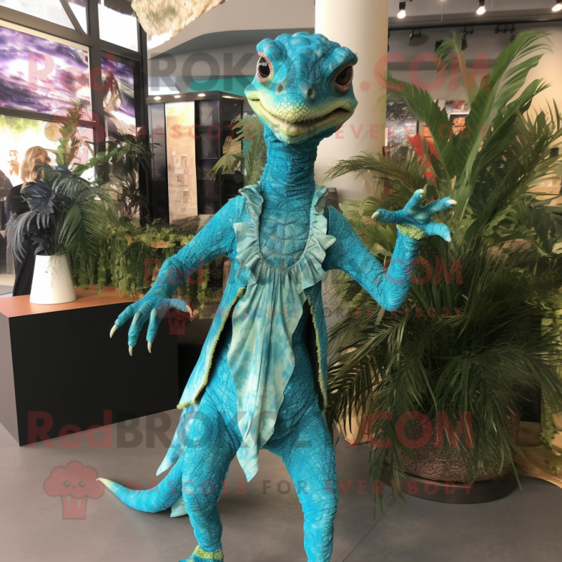 Turquoise Coelophysis mascot costume character dressed with a Blouse and Wraps