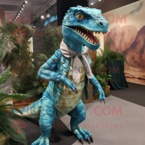 Turquoise Coelophysis mascot costume character dressed with a Blouse and Wraps