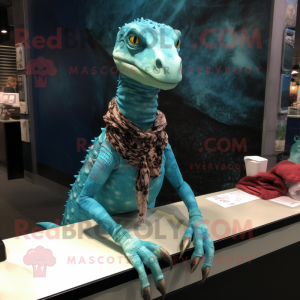 Turquoise Coelophysis mascot costume character dressed with a Blouse and Wraps