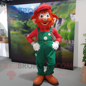 Red Leprechaun mascot costume character dressed with a Dungarees and Ties