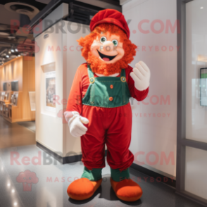 Red Leprechaun mascot costume character dressed with a Dungarees and Ties