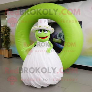 Lime Green Donut mascot costume character dressed with a Wedding Dress and Hats