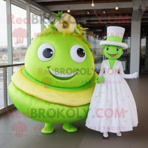 Lime Green Donut mascot costume character dressed with a Wedding Dress and Hats