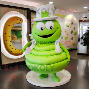 Lime Green Donut mascot costume character dressed with a Wedding Dress and Hats
