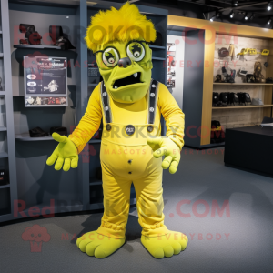 Yellow Frankenstein mascot costume character dressed with a Romper and Shoe clips