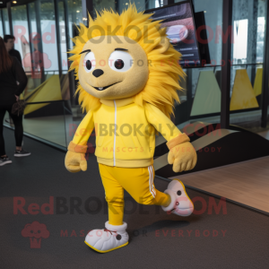 Yellow Hedgehog mascot costume character dressed with a Joggers and Foot pads