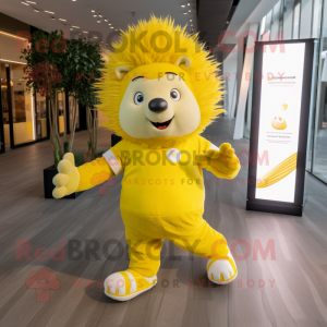 Yellow Hedgehog mascot costume character dressed with a Joggers and Foot pads