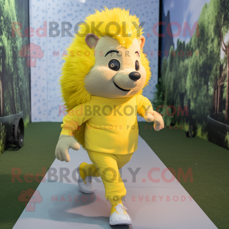 Yellow Hedgehog mascot costume character dressed with a Joggers and Foot pads