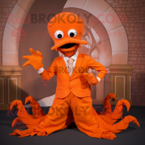 Orange Hydra mascot costume character dressed with a Culottes and Pocket squares