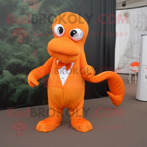 Orange Hydra mascot costume character dressed with a Culottes and Pocket squares