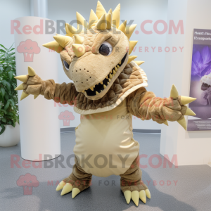 Tan Stegosaurus mascot costume character dressed with a Skirt and Scarves