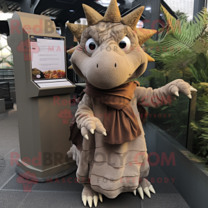 Tan Stegosaurus mascot costume character dressed with a Skirt and Scarves