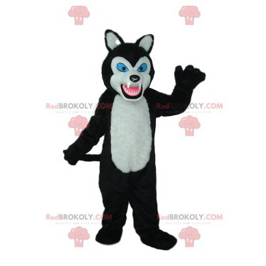 Zwart-witte wolf mascotte met blauwe ogen - Redbrokoly.com
