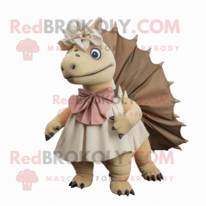 Tan Stegosaurus mascot costume character dressed with a Skirt and Scarves