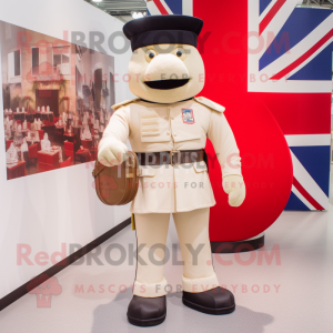 Cream British Royal Guard mascot costume character dressed with a Cargo Shorts and Clutch bags