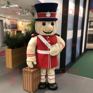 Cream British Royal Guard mascot costume character dressed with a Cargo Shorts and Clutch bags