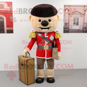 Cream British Royal Guard mascot costume character dressed with a Cargo Shorts and Clutch bags