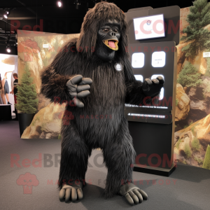 Black Sasquatch mascot costume character dressed with a Jacket and Foot pads