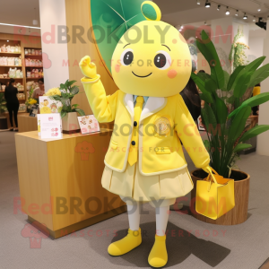 Lemon Yellow Apricot mascot costume character dressed with a Dress Pants and Coin purses