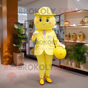 Lemon Yellow Apricot mascot costume character dressed with a Dress Pants and Coin purses