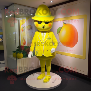 Lemon Yellow Apricot mascot costume character dressed with a Dress Pants and Coin purses