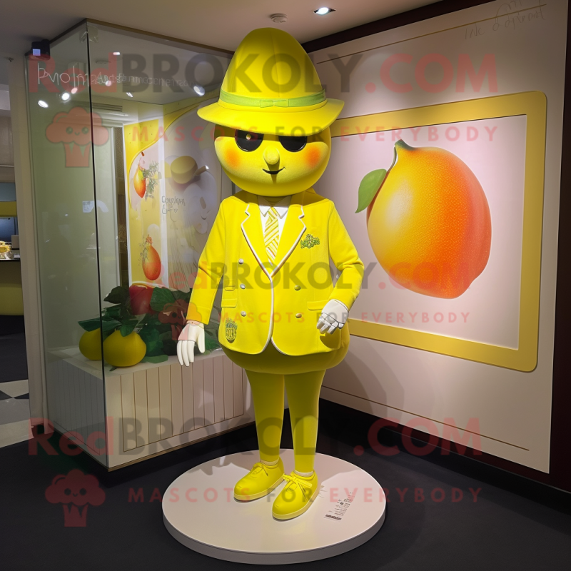 Lemon Yellow Apricot mascot costume character dressed with a Dress Pants and Coin purses Lemon Yellow Apricot mascot costume character dressed with a Dress Pants and Coin purses