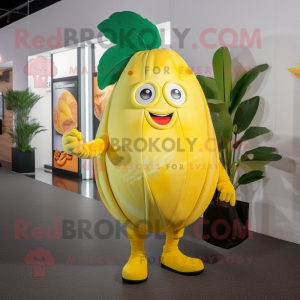 Lemon Yellow Apricot mascot costume character dressed with a Dress Pants and Coin purses