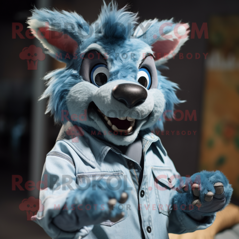 Cyan Hyena mascot costume character dressed with a Denim Shirt and Cufflinks Cyan Hyena mascot costume character dressed with a Denim Shirt and Cufflinks