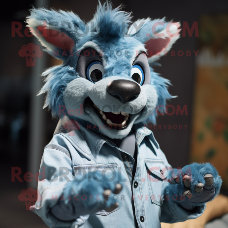 Cyan Hyena mascot costume character dressed with a Denim Shirt and Cufflinks